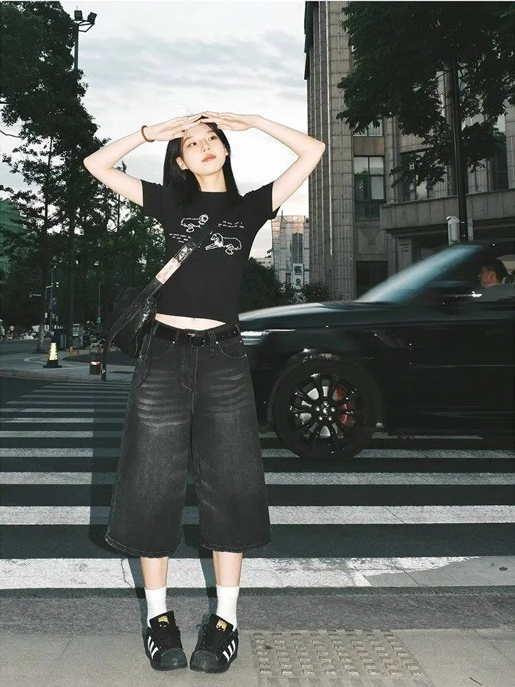 QWEEK Y2k Baggy Denim Shorts Women Black Wide Leg Capri Pants Fashion High Waisted Dark Wash Jeans Female Casual Retro 2000s