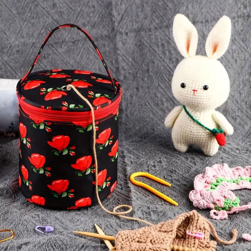 Round Wool Yarn Handheld Storage Bag Portable Knitting Bag with Its Own Thread Hole Tube Crochet Hook Tool Storage