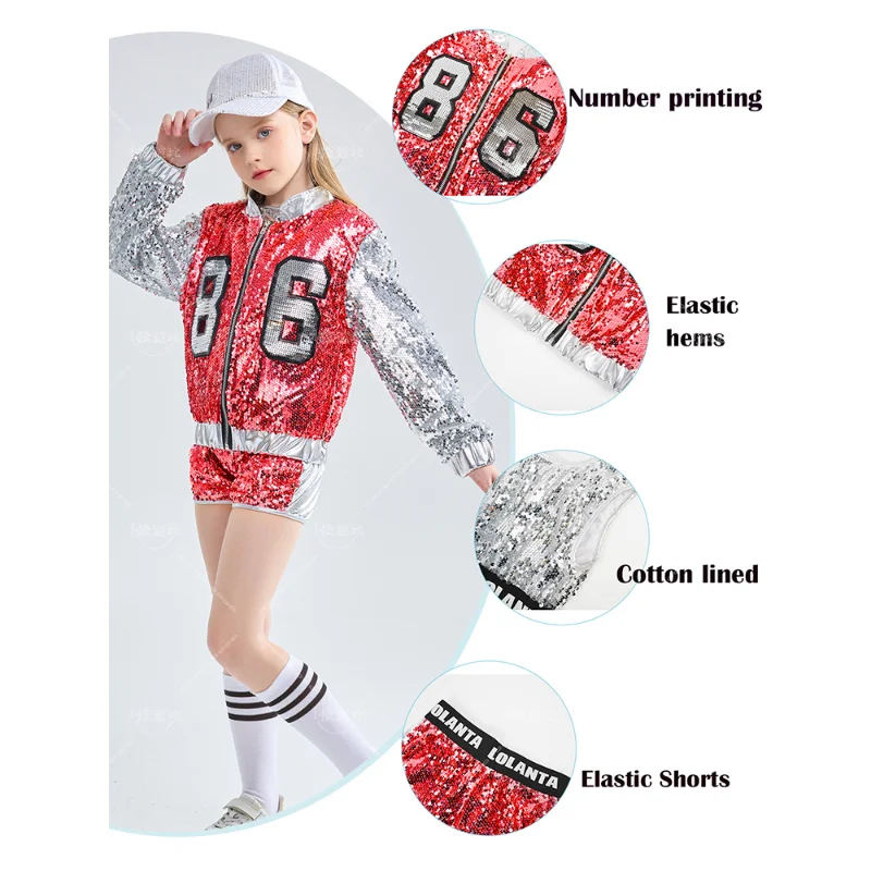 Girls girl dance costume children costumes pink sequin crop tops shorts jacket dancewear costume hip hop modern jazz dance stage performance wear