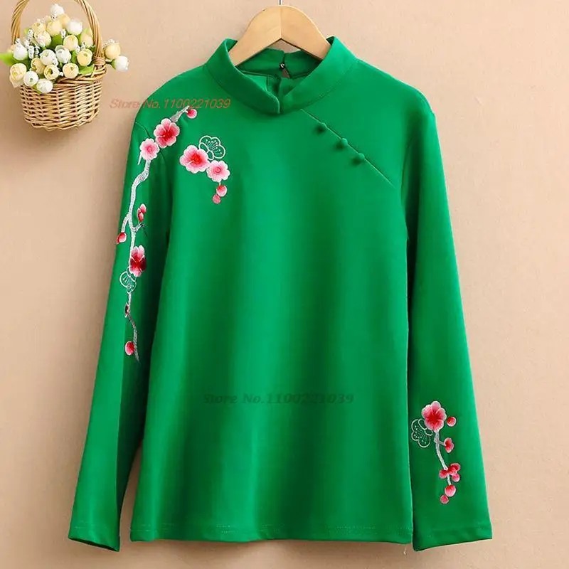 

2024 vintage chinese pullover women national flower embroidery hanfu tops loose stand collar t-shirt oriental bottoming shirt