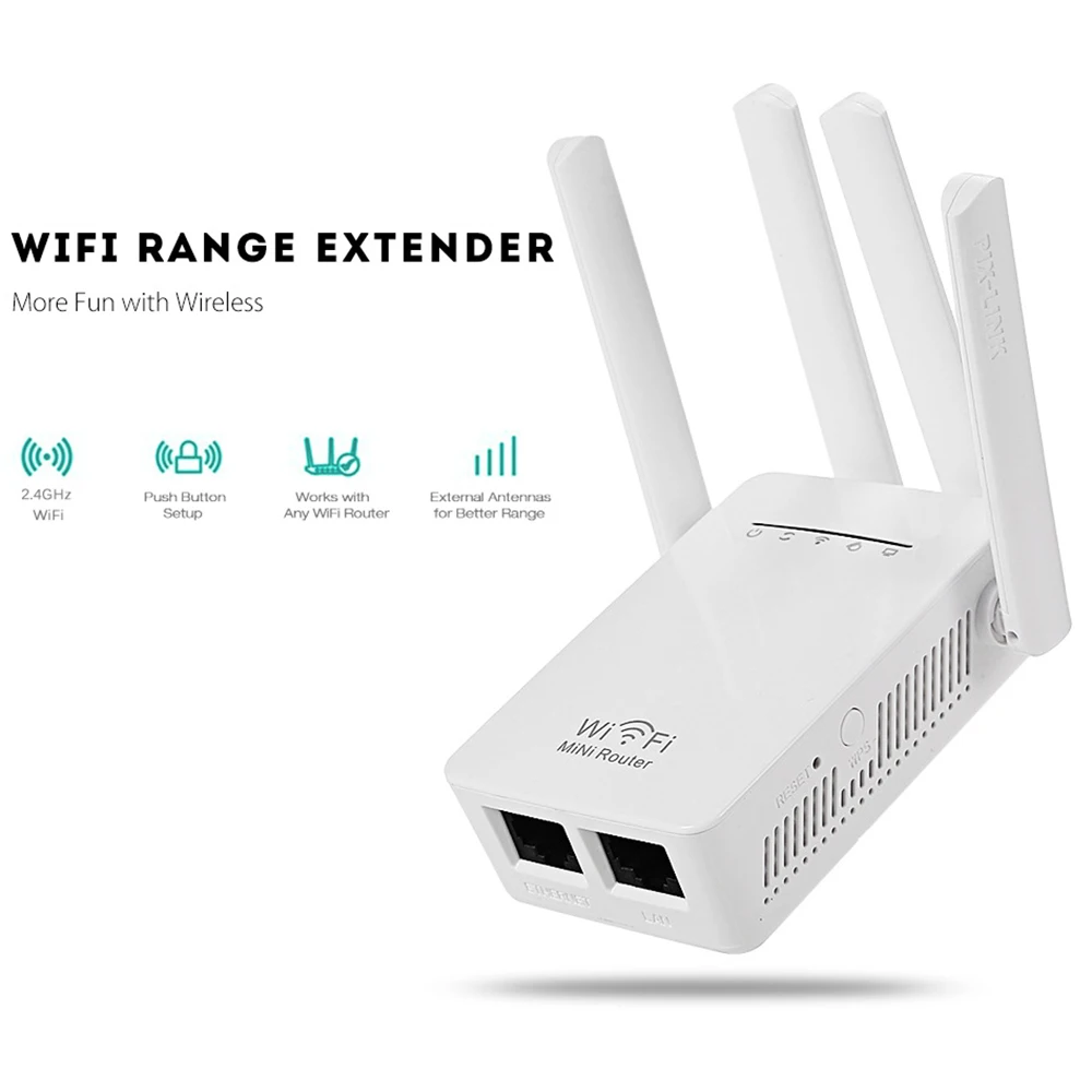 

Hot Sell WiFi Repeater Wireless Router Pro 300Mbps 4 Antenna Extender Amplifier Repeator Signal Cover Extender Range Extender