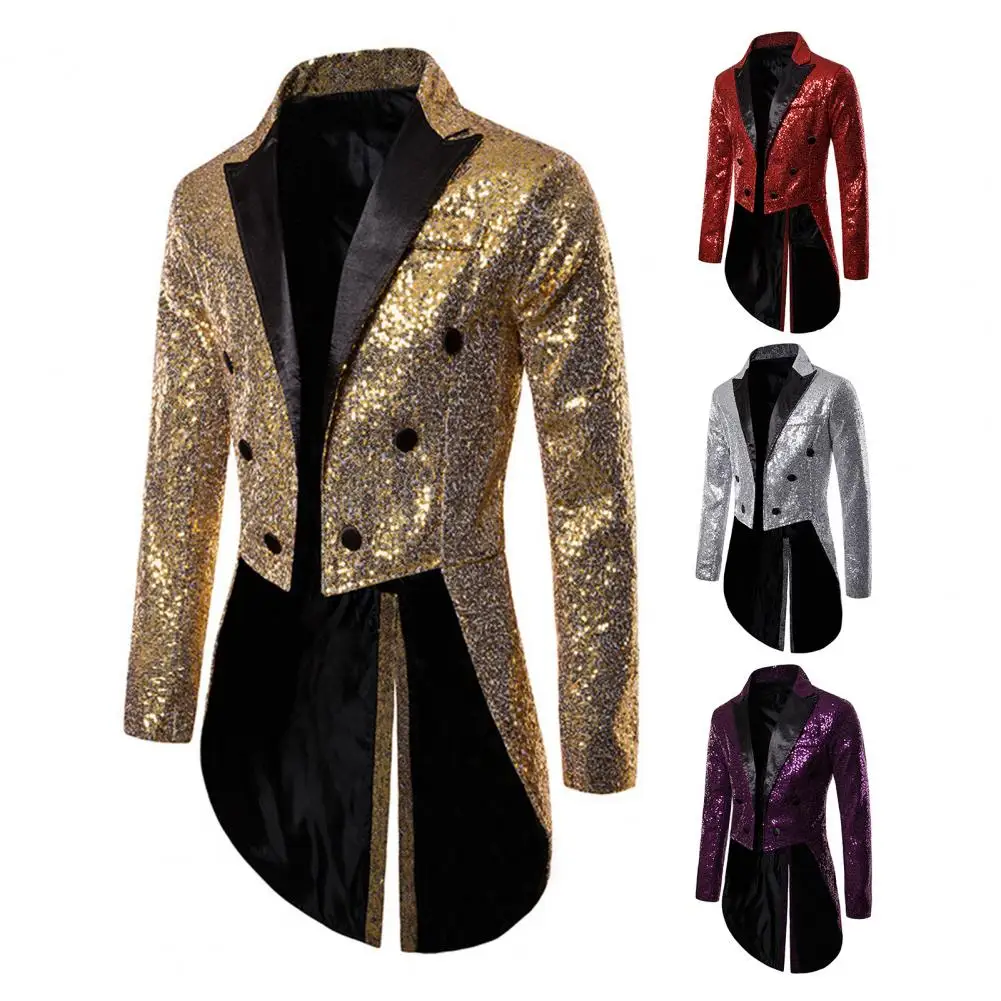 

Patch Pocket Nightclub Coat Sparkling Sequin for Men Stand Collar Nightclub Prom Suit Coat with Glitter for Singers