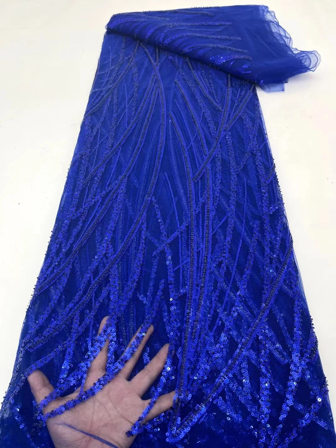 

Royal Blue Lurex Shiny Sequence African Goom Lace Fabric High Quality Nigerian Big Bead Embroidery French Tulle Mesh Lace Fabric