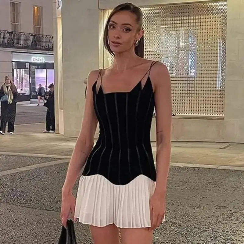 

Woman Velvet Paneled Pleated Hem Slip Dress Black Patchwork Pleated Hem Mini Dress for Female 2024 Summer Ladies Nightclub Style