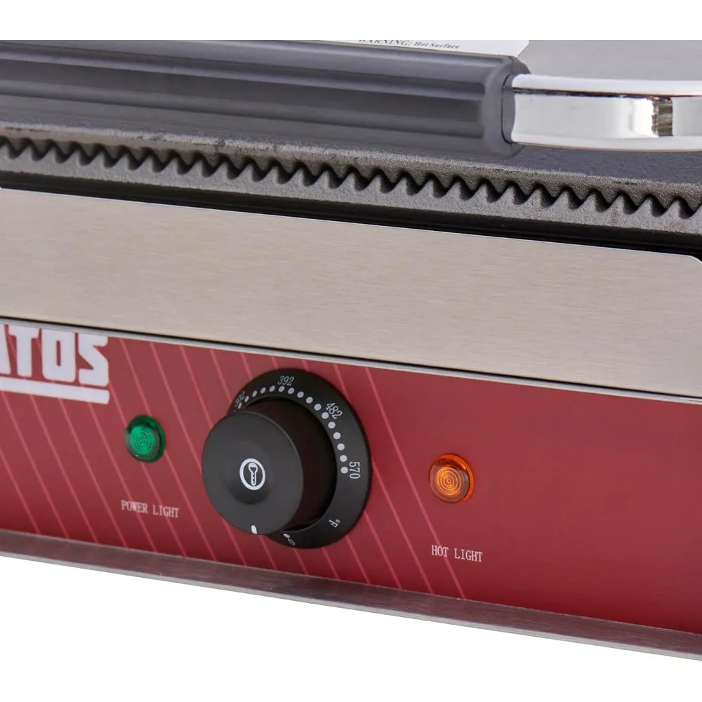Commercial Electric Panini Sandwich Grill with Grooved Plates, 14" x 9" Cooking Surface, Commercial Countertop Panini Press,120V