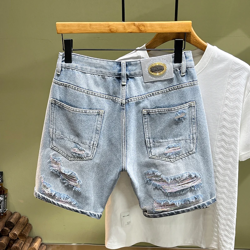 New Men'S Denim Shorts With Patchwork Slim Fitting Straight Leg Pants Embroidered And Personalized Street Casual Ripped Jeans