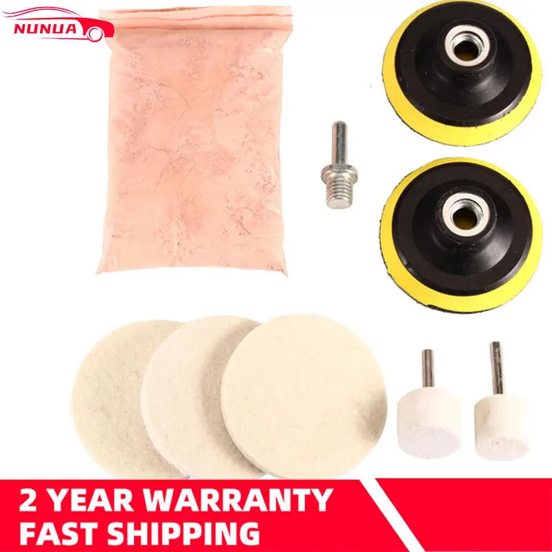 

Car Glass Oolishing Kit Glass Scratch Removal Cleaning Agent 226g Cerium Oxide + 2x 3'' Polishing Pad + 2x Wool Polishing Wheel