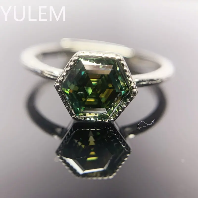YULEM 925 Sterling Silver 1CT Hexagon Green Moissanite Diamond Ring for