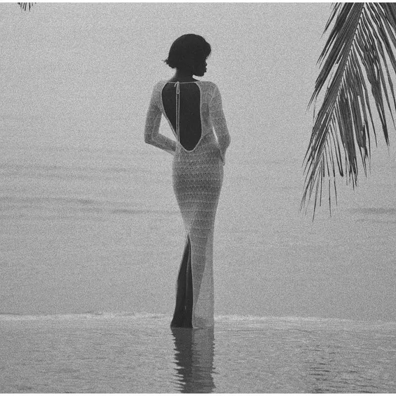 Elegant Hollow Out Knitted Long Dress Women Sexy Backless Solid Long Sleeve Slim Maxi Dresses Female Chic Party Beach Holiday