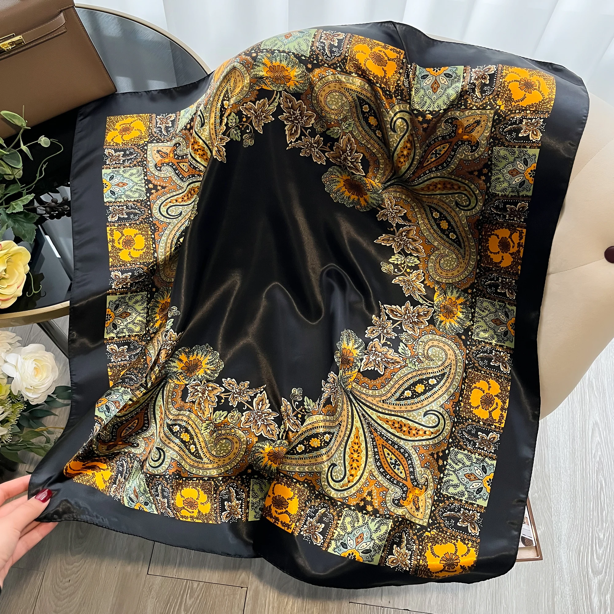 New 90*90cm Women's Square Silk Satin Scarf Flower Printed Shawls Hijab Four Seasons Bandanna Scarves Accessories Hairband Scarf