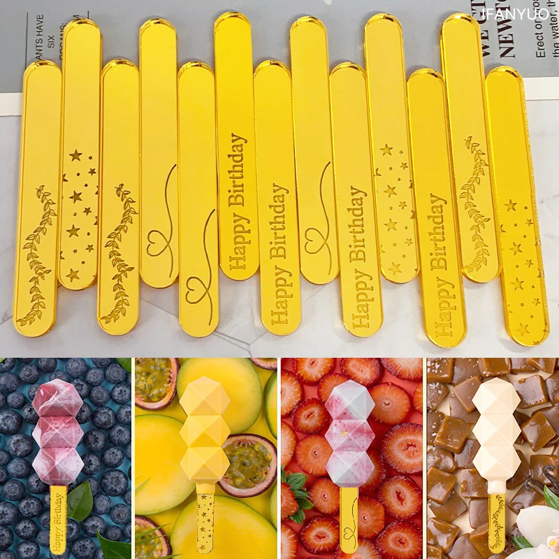 Acrylic Ice Cream Sticks Heart Star Happy Birthday Popsicle Sticks Cake Candy Pop Ice Lollies Baby Shower Kids Gift 10Pcs