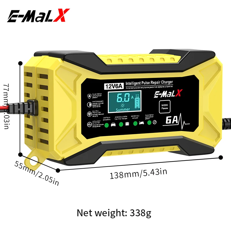 12V 6A Car Battery Charger Smart Electric Motorcycles Charger For LiFePO4 Lead Acid AGM GEL EFB 14.6V 6A Lithium Battery Repair