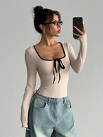 Body Sexy à manches longues pour femmes, col en U, nœud papillon, bloc de couleurs, décontracté, coupe cintrée, tricot côtelé, moulant, Streetwear printemps/automne 3
