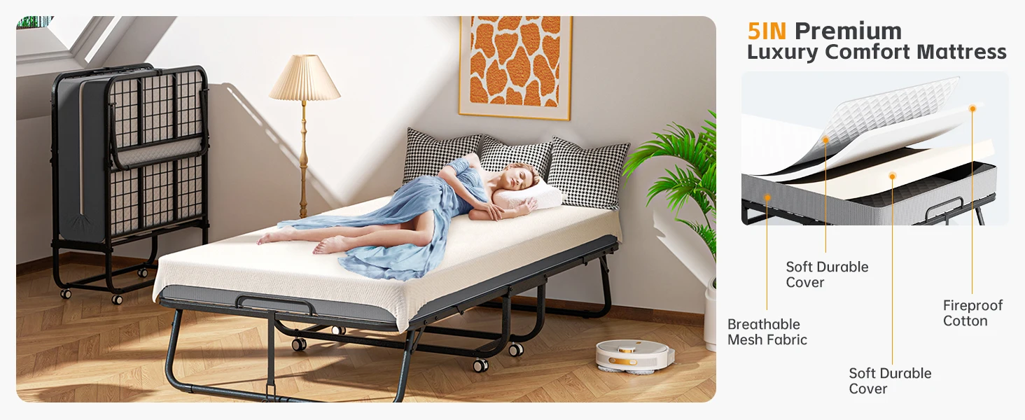 Description Picture 4 of itemBed with 5” Mattress, 75" x 38" Twin Folding Bed for Adults, Portable Foldable Twin Bed, Fold up Guest Bed with Study Metal Fram