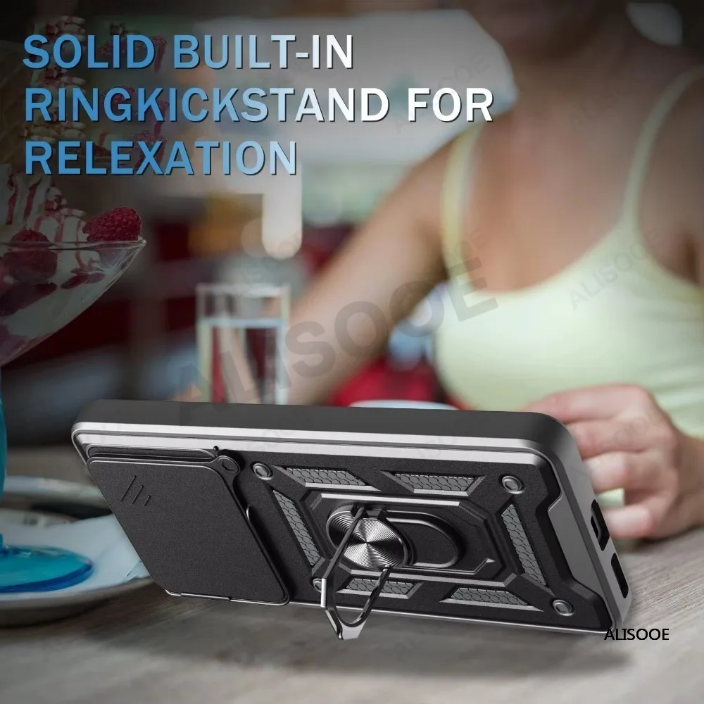 Slide Camera Cover with Ring Kickstand Holder - Full Protective Shockproof Phone Case
