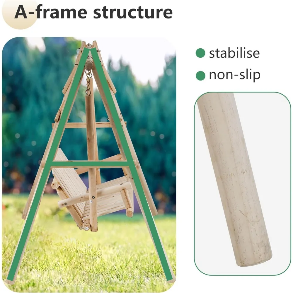 Swing Frame Combination Porch Swing with Stand Log Swing Stand 67 Inch Wooden Porch A-Frame Backyard Chair 5