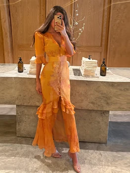 Fashion Organza Floral Printed Maxi Dress V-Neck Puff Sleeve 2026 Spring/Summer Romantic Women Party Gown Elegant Lady Vestido 2