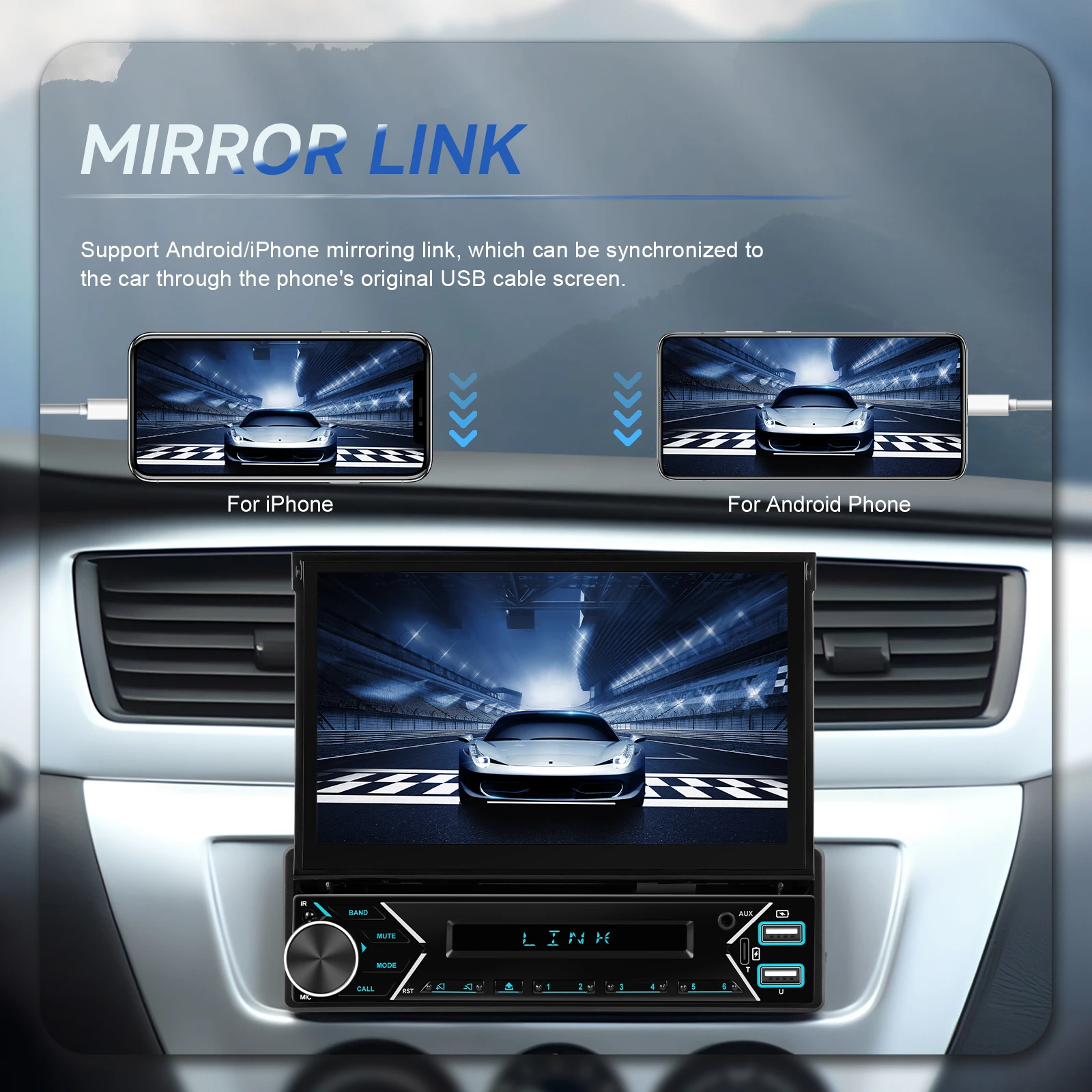 Hikity 1 Din autoradio, 1 Din Wireless Carplay, touchscreen, intrekbaar, 7 inch, bluetooth, autoradio, met achteruitrijcamera, auto stereo met Android Auto, Mirror Link, USB AUX Type-C poort