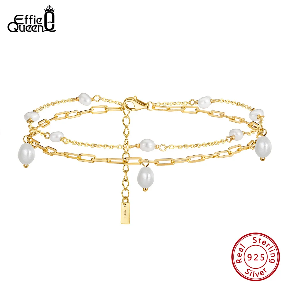 

Effie Queen 14K Gold 925 Sterling Silver Layered Freshwater Pearl Anklet for Women Girl Fashion Summer Foot Chain Jewelry SA51