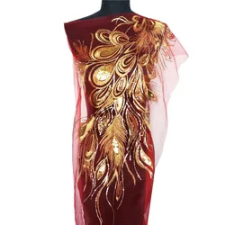 Elegant Sequin Embroidered Peacock Feather Lace Trim (Gold)