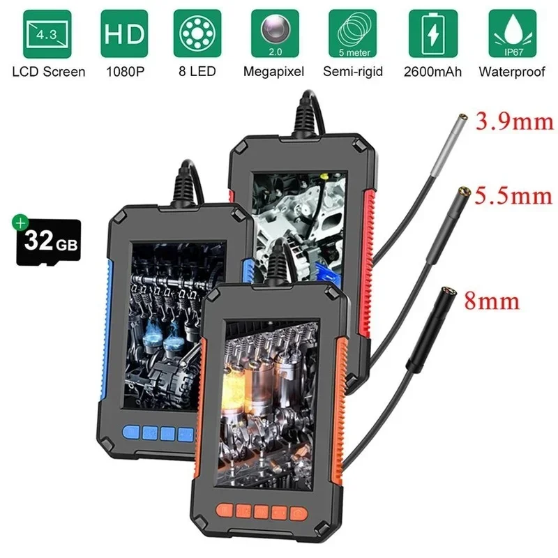 1080P HD Industrial Endoscope Camema with 4.3 Inch LCD Screen Snake Car Engine Pipe Inspection Video Borescope 2600mAh Battery 6mm 360 degrees all way steering industrial endoscope for car pipe inspection sewer camera borescope with 5 inch hd screen