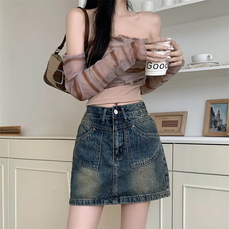 

LKSK New Women's Spring Wash Blue High Waist Wrapped Hip Skirt Slim Fit Old A-line Skirt Anti Glare Denim Short Skirt