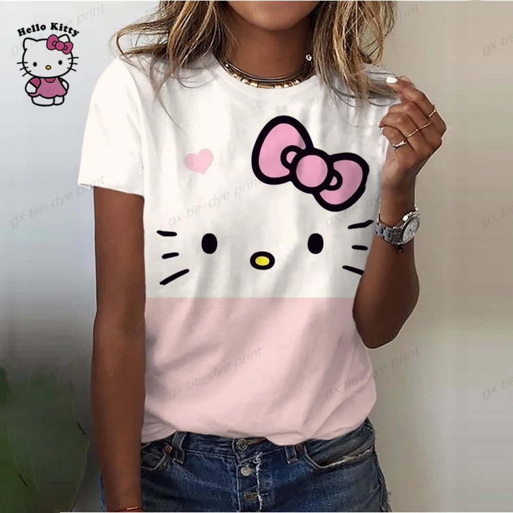 

Модная 3d футболка в стиле Харадзюку С рисунком Hello Kitty, футболка большого размера для девочек, новинка, топ с коротким рукавом и круглым вырезом
