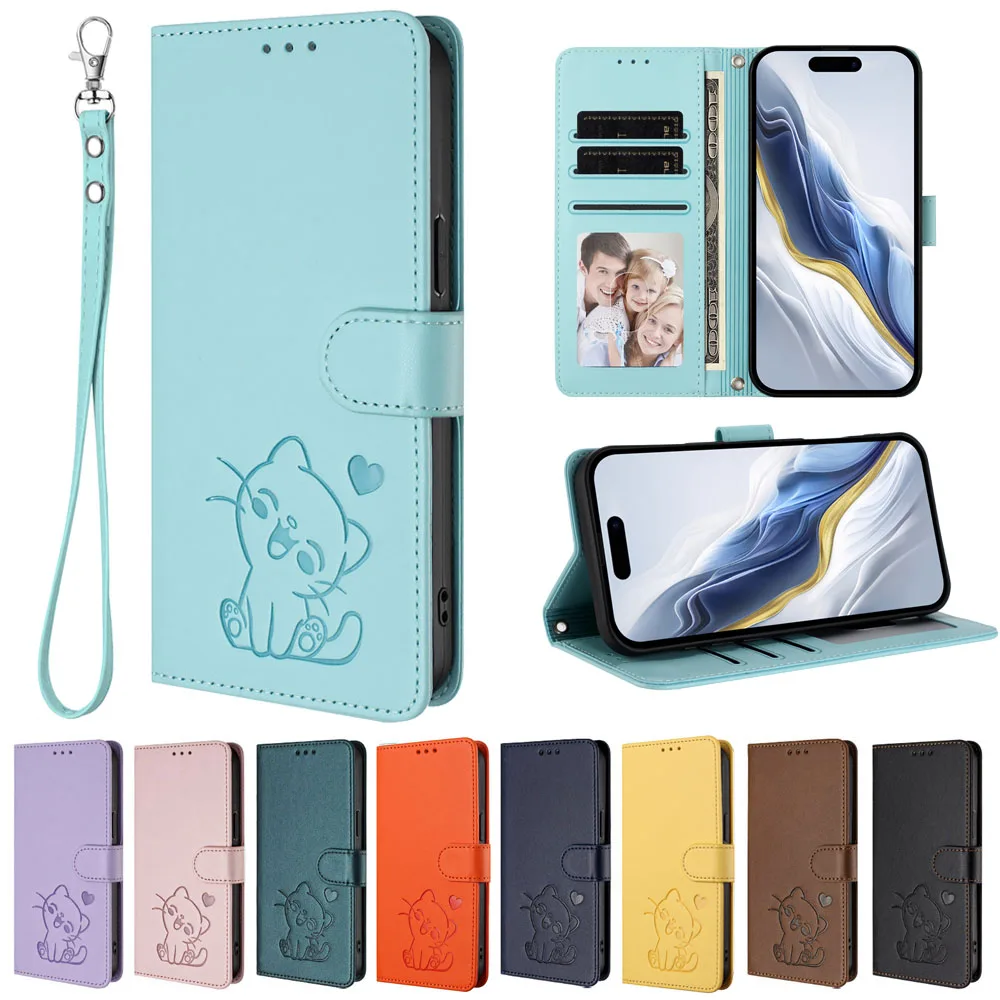 Cute Cat Leather Wallet Flip Phone Case with  Design