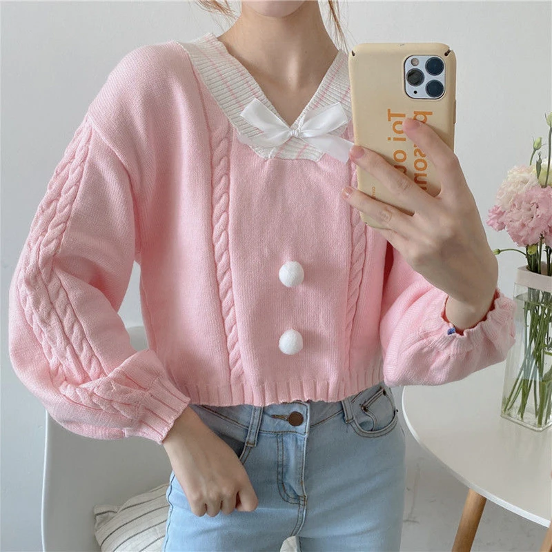 

Women's Kawaii Short Knit Sweaters Sweet Candy Color Bow V Neck Pullovers Girl 2022 Autumn Casual Lantern Sleeve Sweater