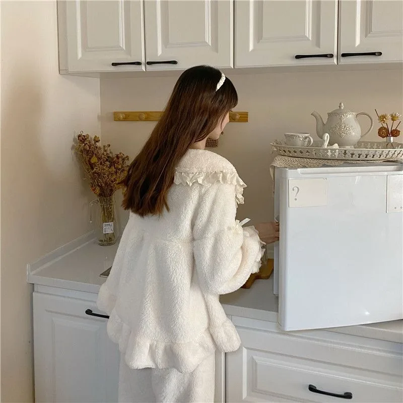 2024 New Cute Winter Coral Fleece Pajamas Winter Women Princess Style Sleepwear Flannel Loungewear Plush Thickened Homewear Set