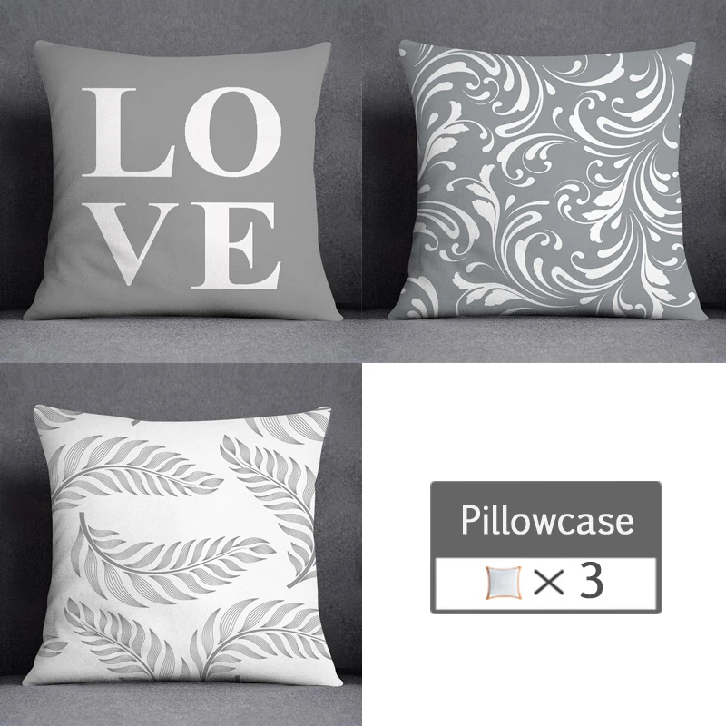 3pcs/lot 45X45CM Gray Lumbar Pillow Case Polyester Geometry Leaf Floral Stripes Plaids Print Sofa Throw Cushion Cover Home Decor 