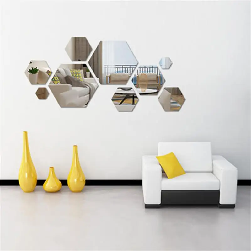 10Pcs Acrylic Mirror Stereo Wall Stickers Living Room Entryway Aisle Staircase Decorative Mirror Hexagonal Decorative