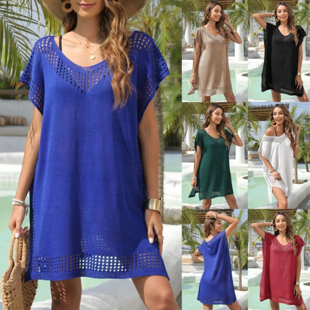 Women's V-Neck Hollow Out Knit Beach Cover Up Dress Loose Bikini Tunic Pareos Summer Casual Swimwear Cover Ups for Beachwear 1