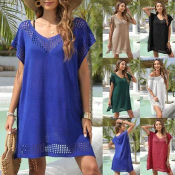 Women's V-Neck Hollow Out Knit Beach Cover Up Dress Loose Bikini Tunic Pareos Summer Casual Swimwear Cover Ups for Beachwear 1