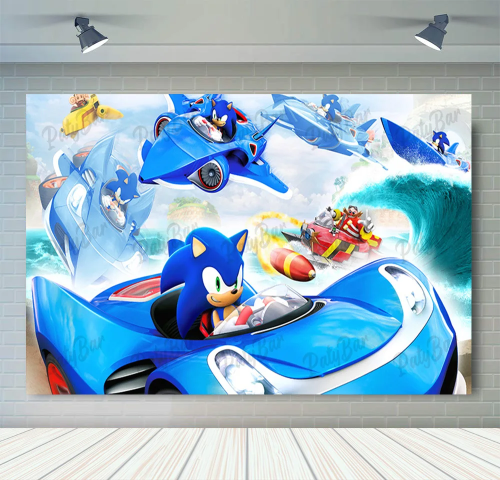 thumbnail image 1 of Fondo de fotografía de Sonic, el erizo de velocidad, héroe corredor, fondo de fotografía de dibujos animados para cumpleaños de niños, accesorios de vinilo de poliéster rojo y azul, 1 of 5
