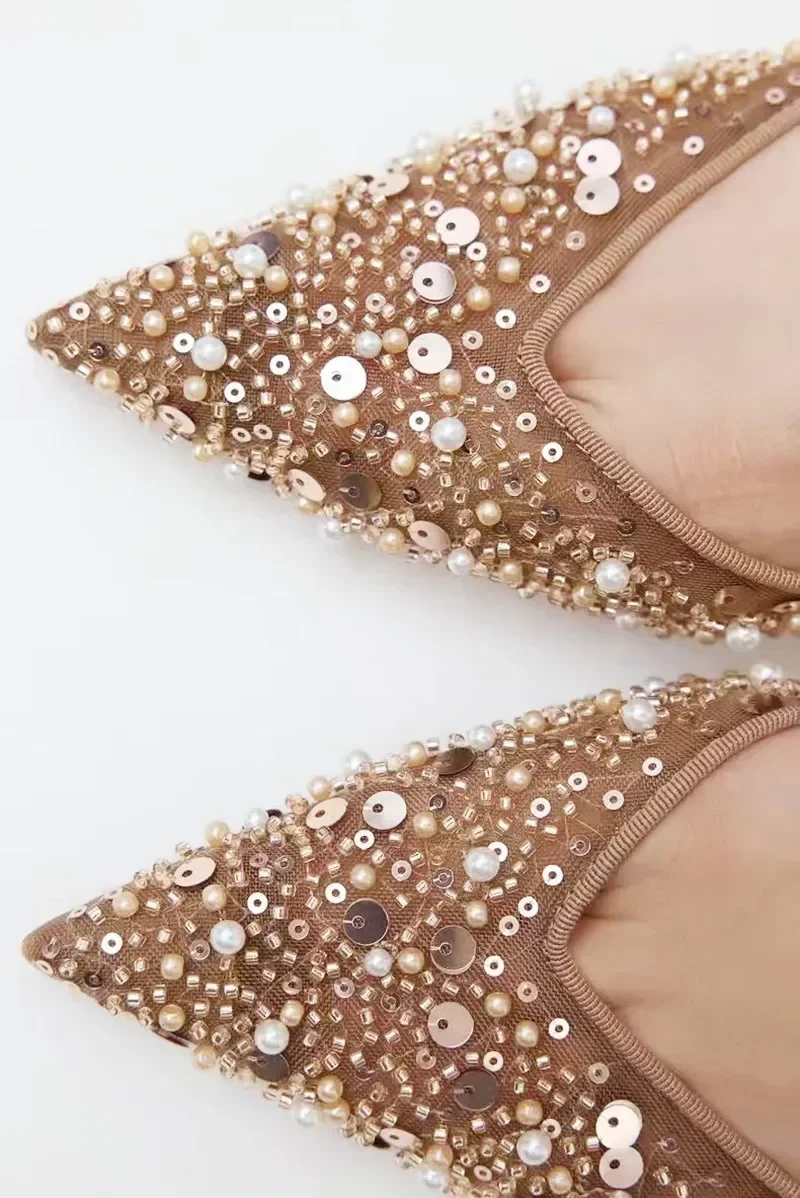 Women Mesh String Bead High Heels Sandals Bling Sexy Pointy Toe Mules Slippers Luxury Designer Slingbacks Dress Shoe Pumps