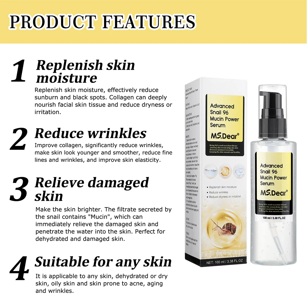 100ml Snail 96% Collagen Face Essence Moisturize Repair Skin Whitening Tighten Face Serum Facial Skin Care Products 3