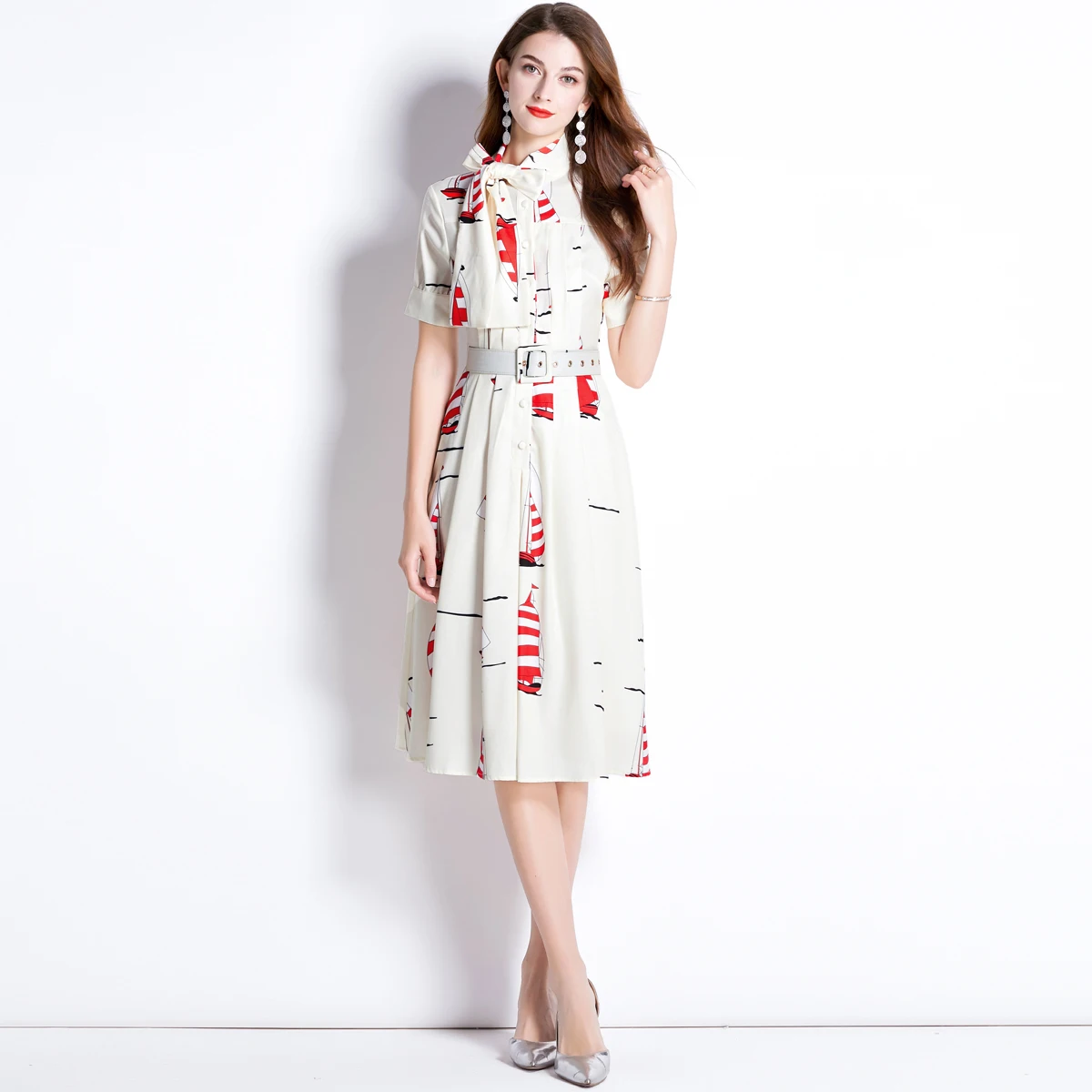 

French British Style Summer Dress Women 2022 Office Lady Knee-Length Large Swing Dress Knee-Length Vestidos Elegantes Para Mujer