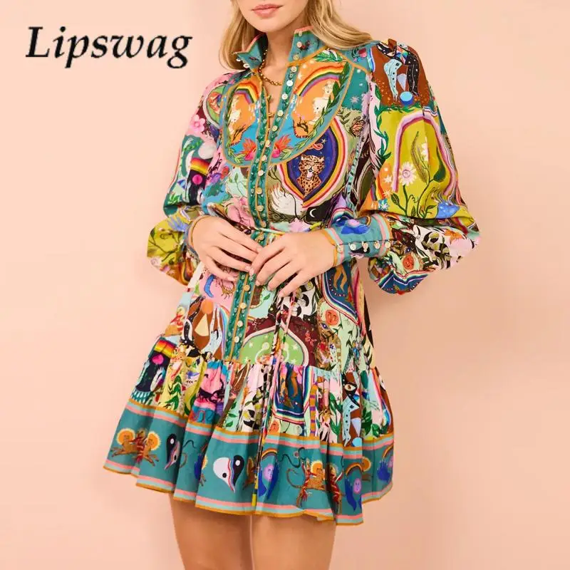 

Стильное Новое богемное мини-платье на шнуровке, Повседневная однобортная рубашка, женское платье, Осеннее винтажное платье с длинным рукавом и принтом