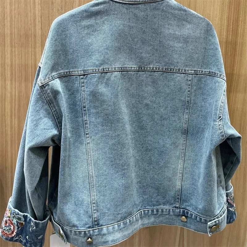 Chinese Style Embroidered Stand Up Collar Denim Jacket For Women Spring 2025 New Single Breasted Loose Fashion Autumn jacket Sho