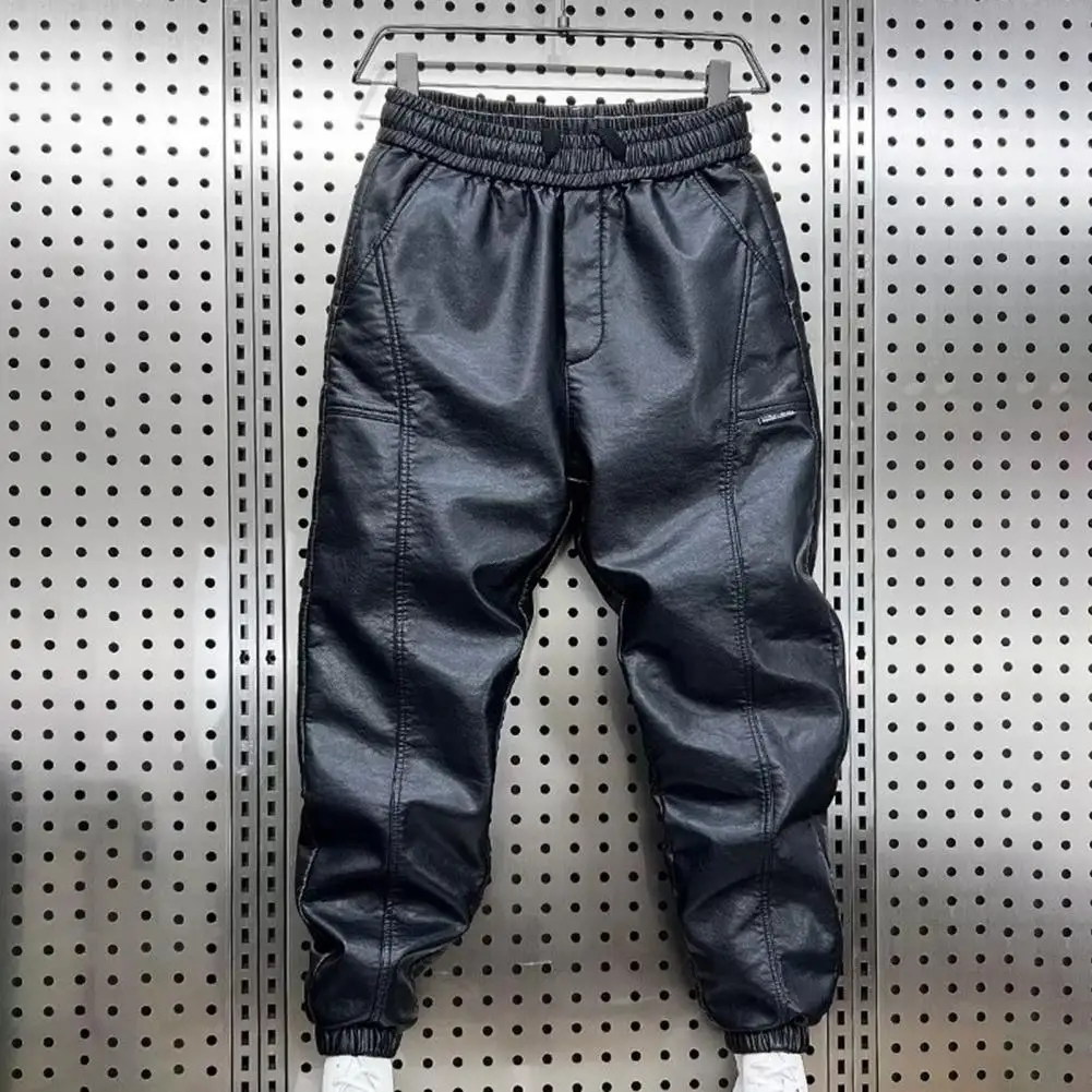 Men Trousers Thick Velvet Trousers Velvet Pants Windproof Waterproof Faux Leather Men's Pants with Elastic Waist Ankle-banded for Cycling