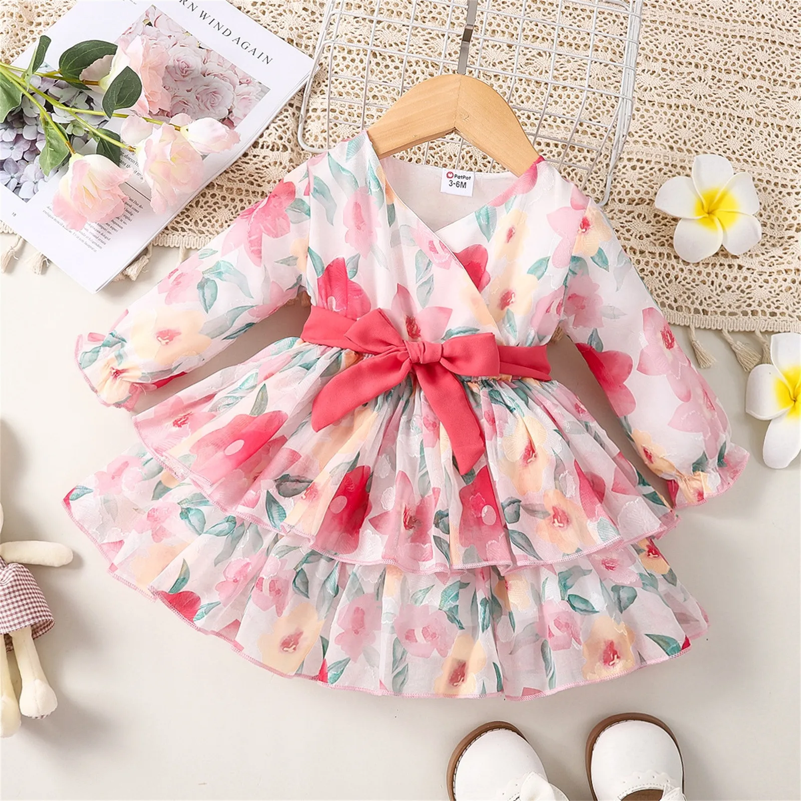 

3-24 Months Infant Newborn Baby Girls Dress Spring Autumn Long Ruffled Sleeve Bowknot Floral Princess Dress Party Clothes Outfit