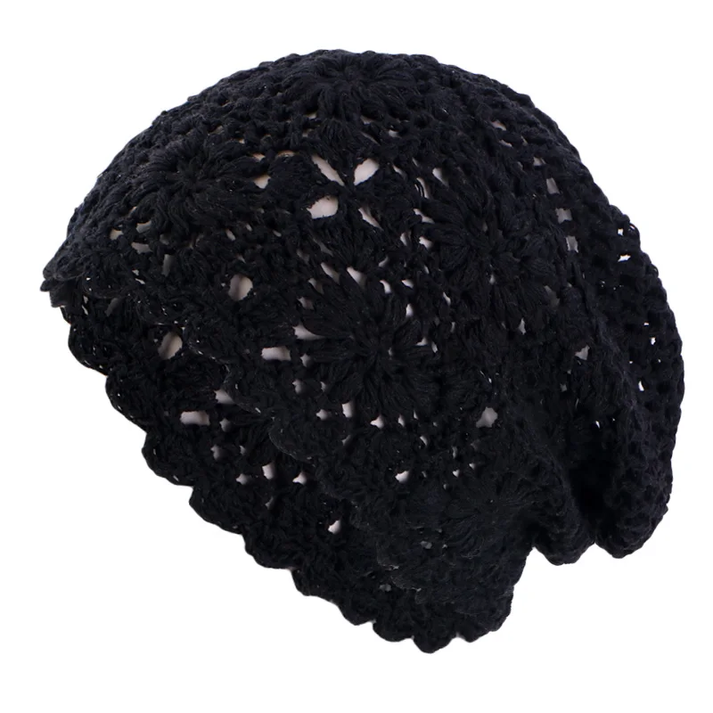 New Women Handmade Crochet Slouchy Beanie Knit Hat Elegant Flower Hollow Out Breathable Skull Cap Elastic Beanies Chemo Cap 4