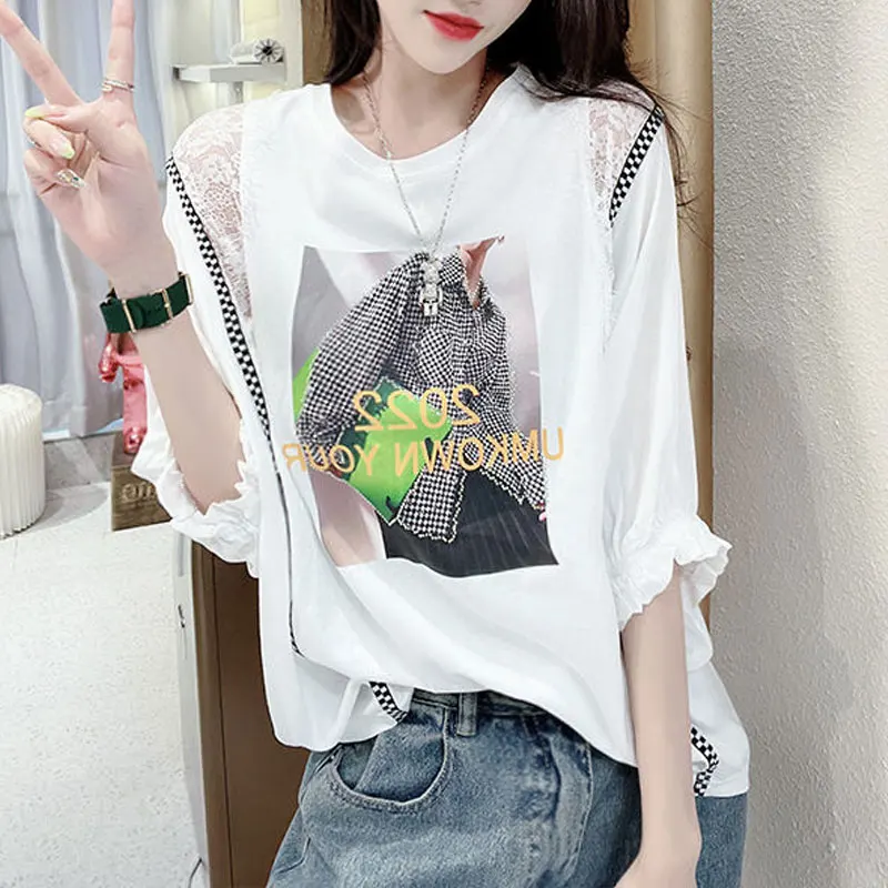 Casual Stylish Letter Printed Blouse Commute Lace Patchwork 2023 Summer Korean Plaid Female Clothing Shirring Round Neck Shirt