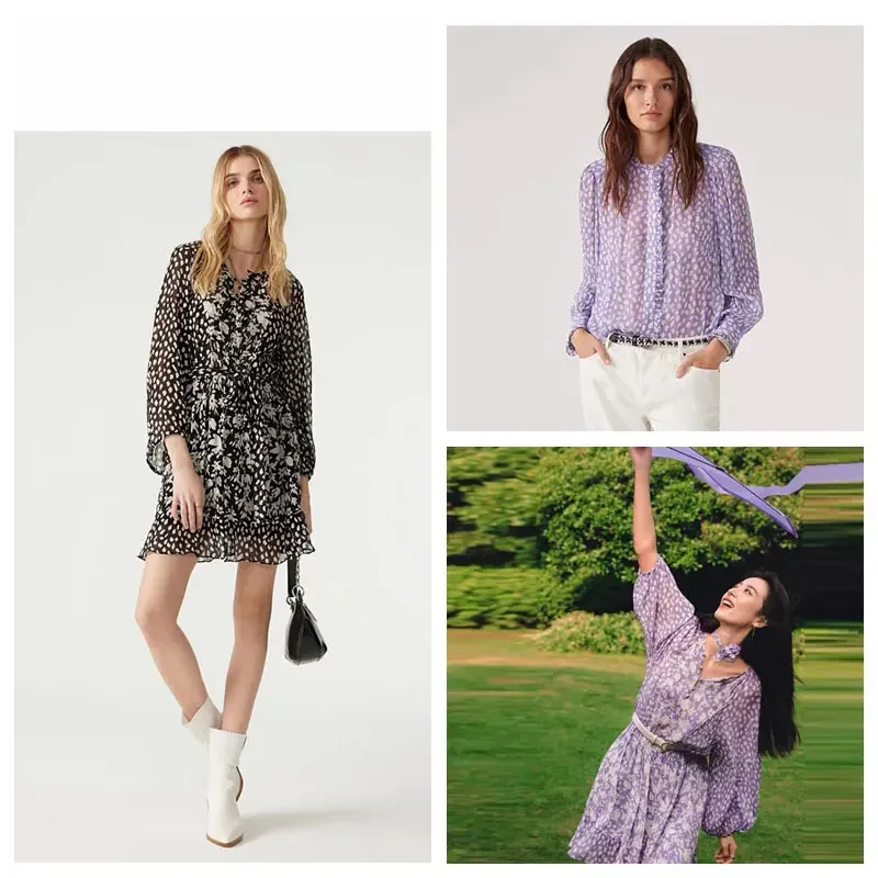 

Purple Mini Dress or Shirt Women's Elegant Polka Dot Printed Ruffle Trim Ladies Lantern Sleeve Lace-Up Robe or Blouse 2023 New