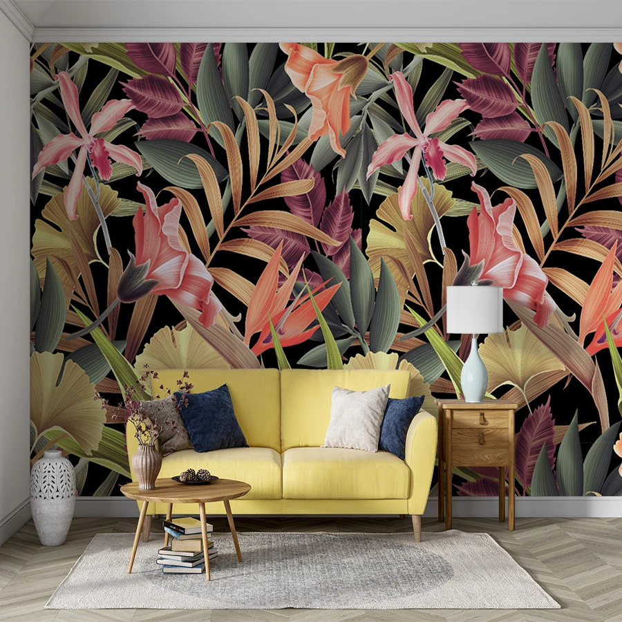 Milofi Retro Tropical Plants Leaves Flowers and Birds Background Mural Home Decoration