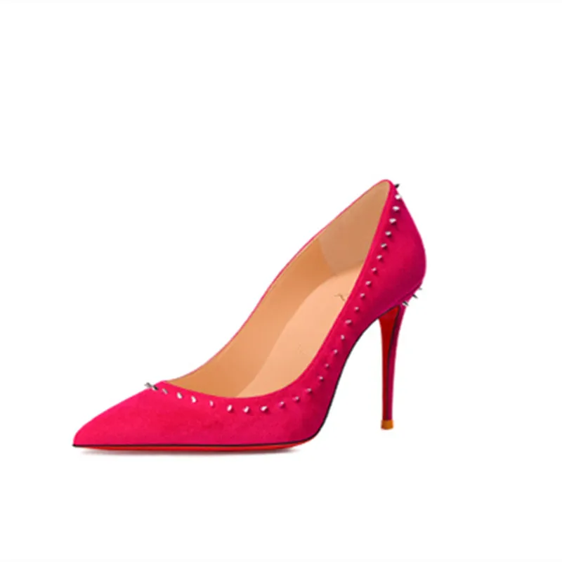 

Hotpink Suede Pumps with Rivet Fashion Red Bottom High Heels Shallow Luxury Women Autumn Winter Shoes Rosered