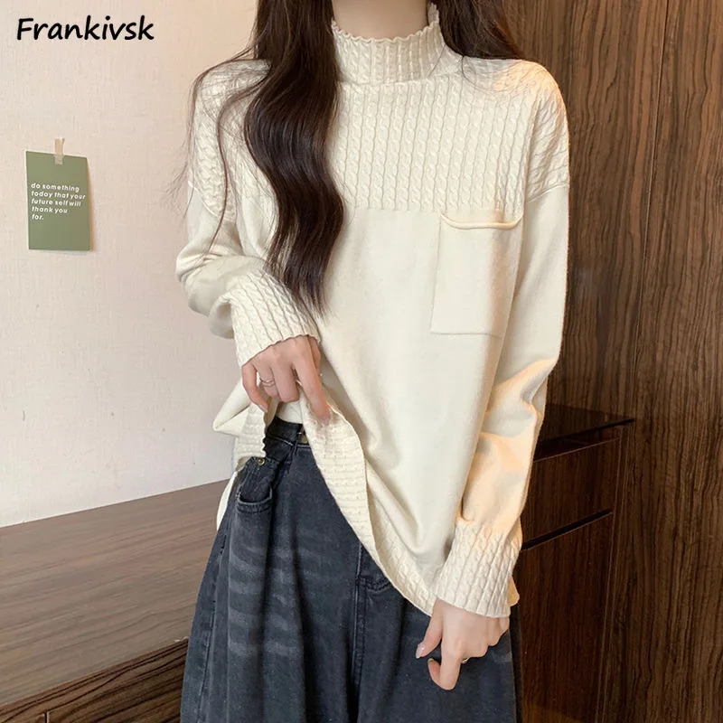 Maglioni Larghi Donna Solid Pocket Mock Neck Primavera Autunno Stile Giapponese Simple All-Match Ins Twist Maglieria Schoolgirl Trendy