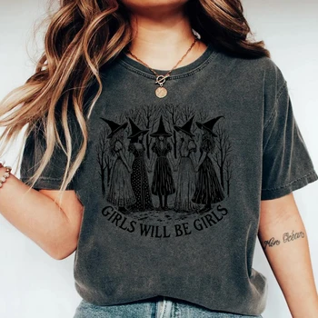 Halloween Girls Will Be Girls Witch Shirt Funny Witch Shirts Girl Power Halloween Women Vintage Clothes Witchy Vibes Tee Tops 1