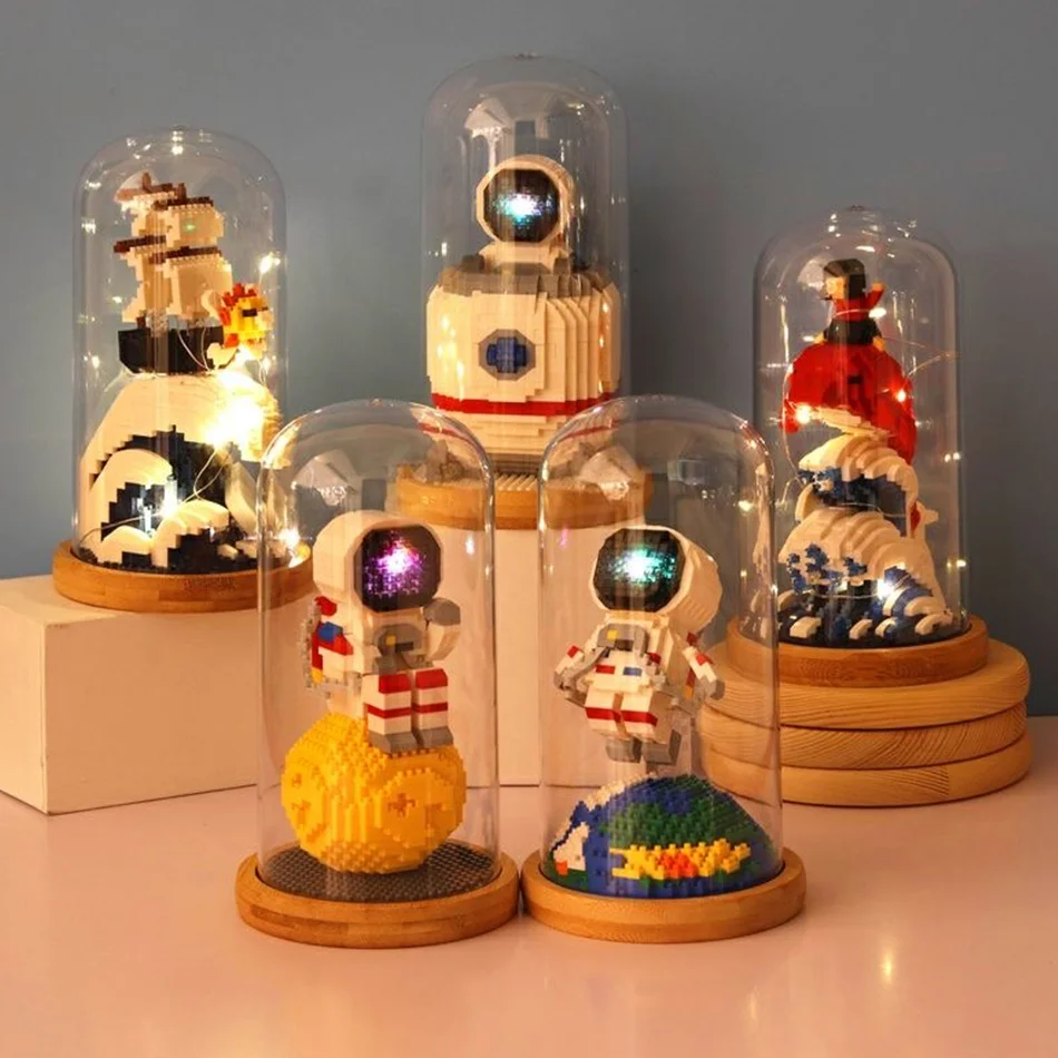 

Space Astronaut Rocket Pirate Ship Chinese Temple Micro Building Blocks with Light Cable Creative DIY Constructor Kids Toys Gift